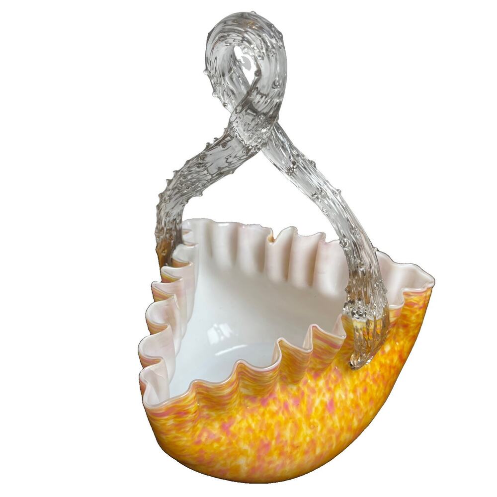 Murano-inspired Art Glass Basket Thorn Handle Confetti Orange/Pink/Yellow White